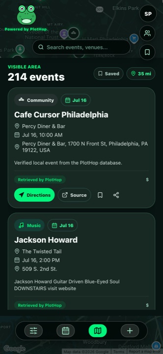 PlotHop list view showing a scrollable feed of nearby events