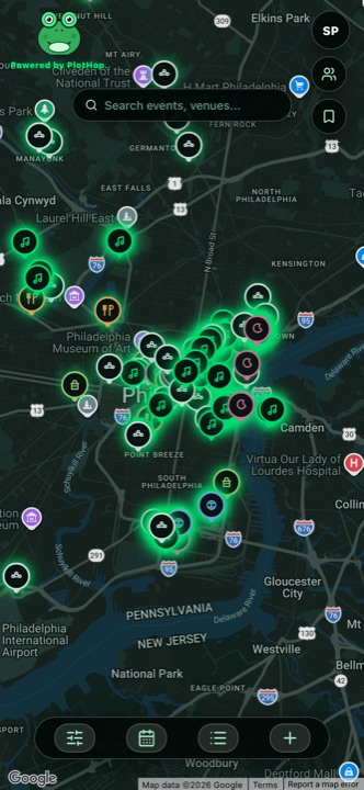 PlotHop live map showing nearby events as glowing pins across Philadelphia